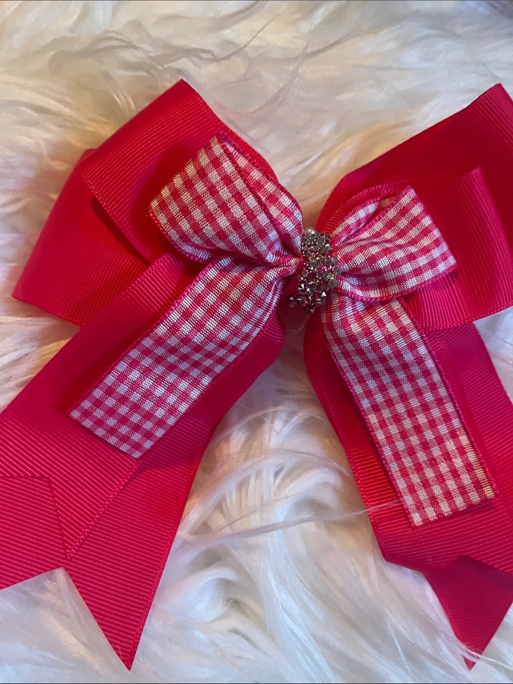 Girls Pink Gingham Ribbon Hair Bow with Sparkle Center